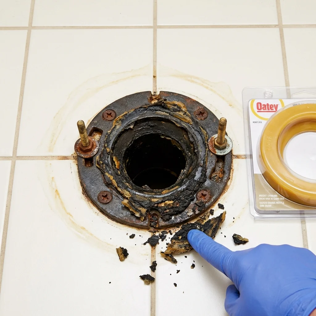Failed wax ring showing water seepage at the base of a toilet in a Sparta, IL home