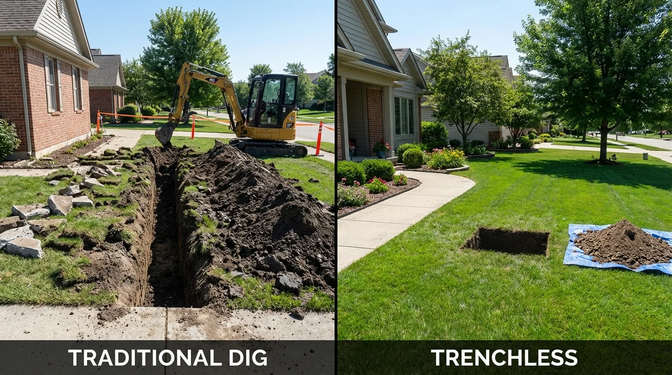 Trenchless sewer repair with minimal yard damage versus traditional excavation in Sparta, IL